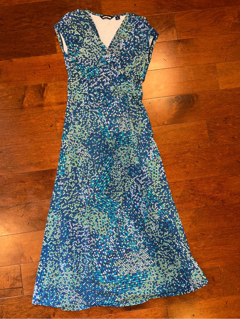 Lands' End Blue & Aqua Mosaic V-Neck Maxi Dress